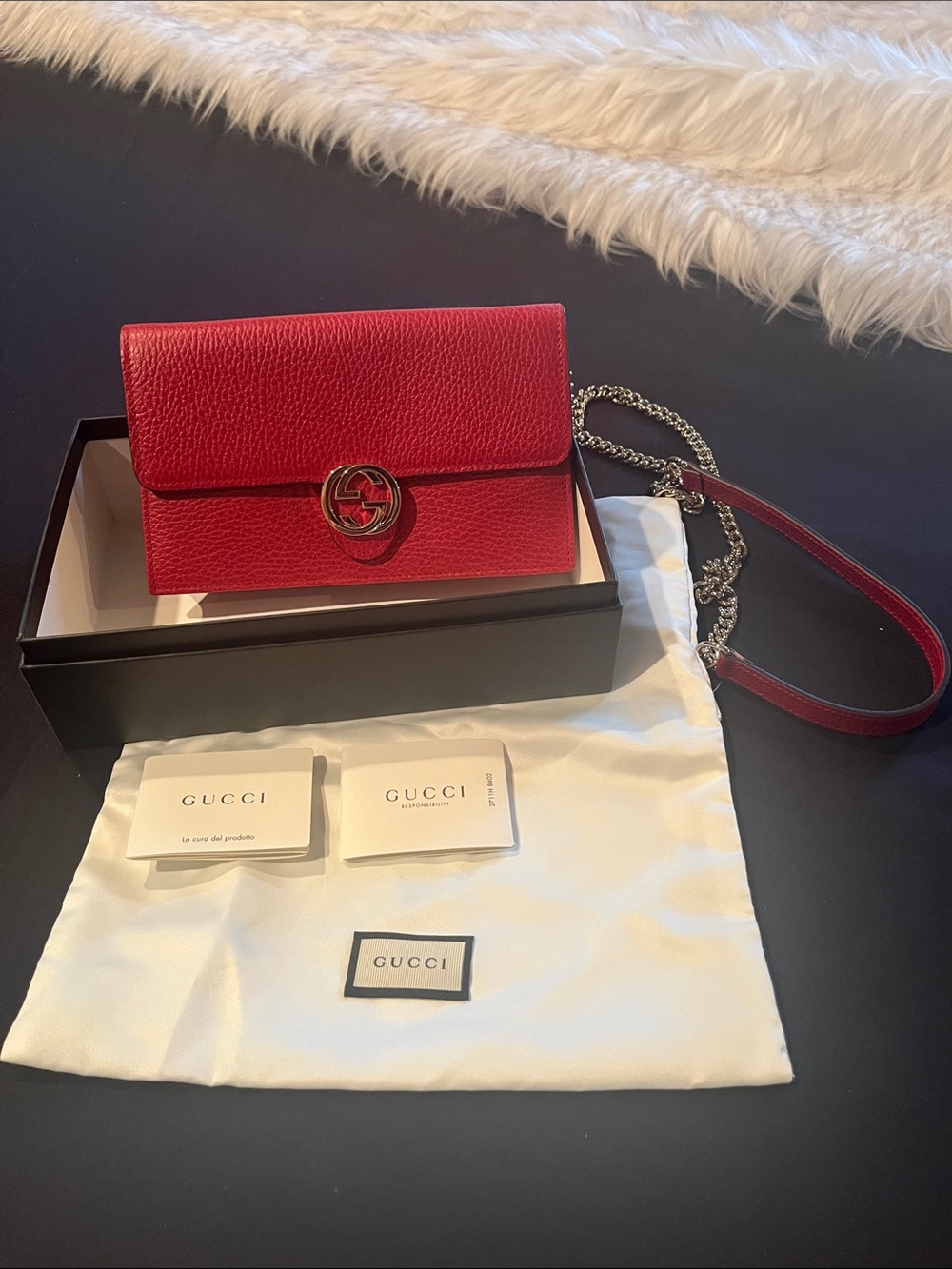 Gucci Red Pebbled Leather Chain Crossbody Wallet